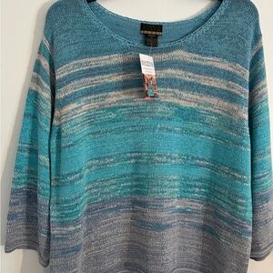 Chico’s 1X Striped Sweater Blue Gray NWT 3/4 Sleeve Lightweight Knit